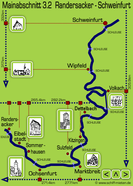 Mainlauf Mainverlauf Main-Dreieck Dettelbach, Kitzingen, Sulzfeld, Marktsteft, Marktbreit, Segnitz, Ochsenfurt